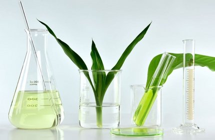 Laboratory glassware with green liquid and plant leaves for responsible chemical distribution.